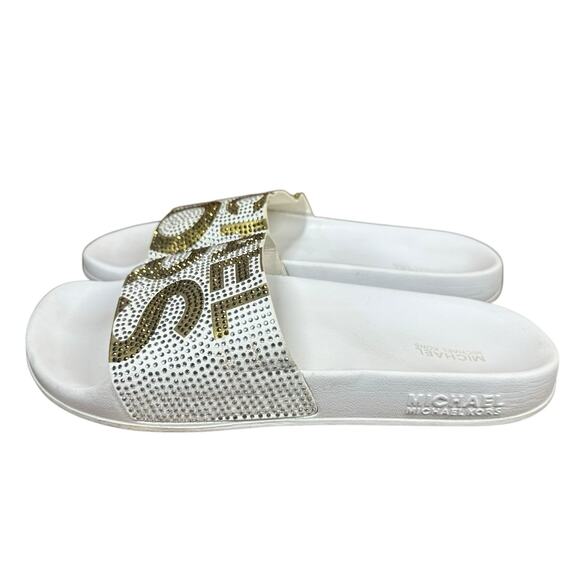 MICHAEL KORS Womens White And Gold Rhinestone Gilmore Slip On Sandals Slides 8M - Picture 7 of 10
